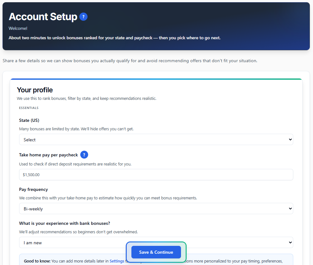 Onboarding wizard with Location & Income and Contact & Reminders