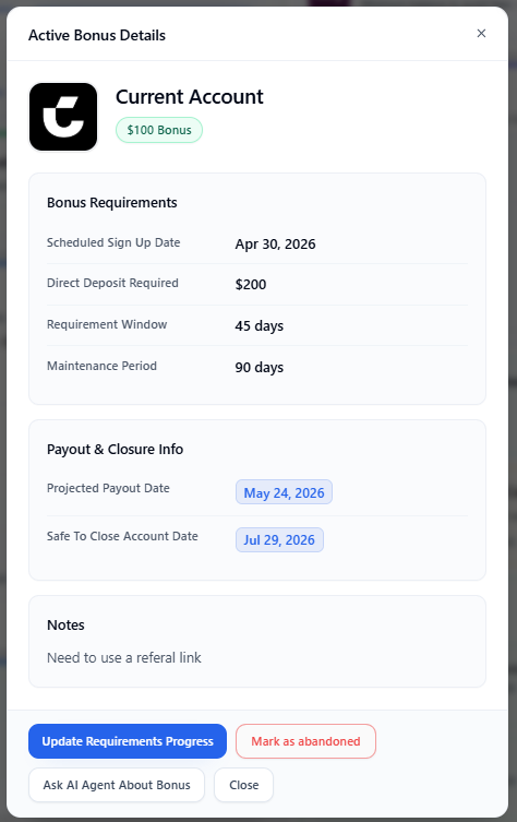 Dashboard bonus details modal opened from recommendation, active, awaiting payout, planned, or ready-to-cancel cards