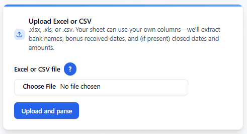 Upload Excel or CSV card with file picker