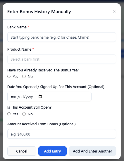 Manual entry modal with all fields
