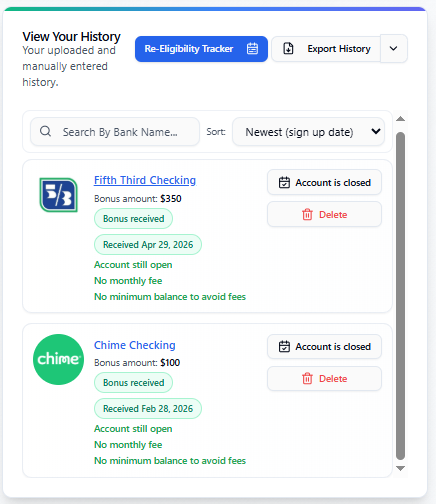 View Your History list with Re-Eligibility Tracker, Export History, and row buttons
