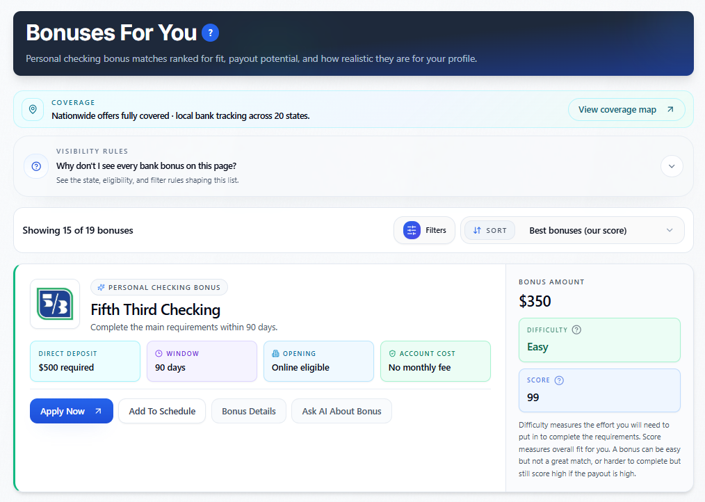 Bonuses list with Filters, Sort, active chips, and personalized bonus cards