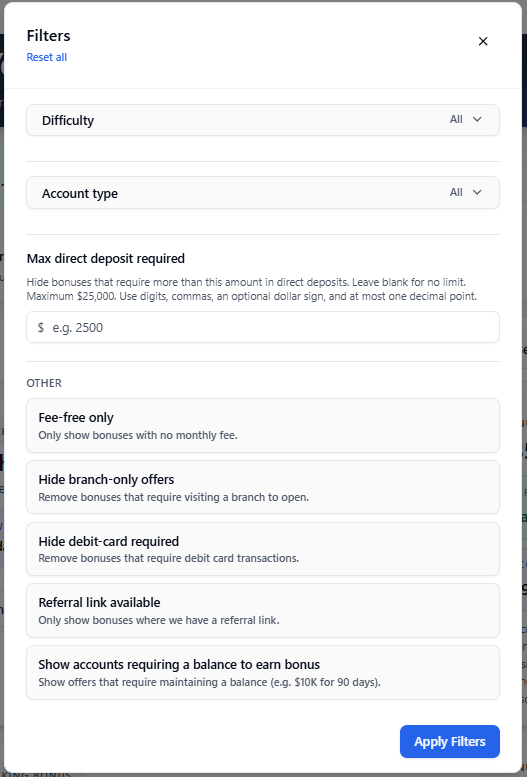 Filters popup with Difficulty, Account type, Max direct deposit required, and Other filters