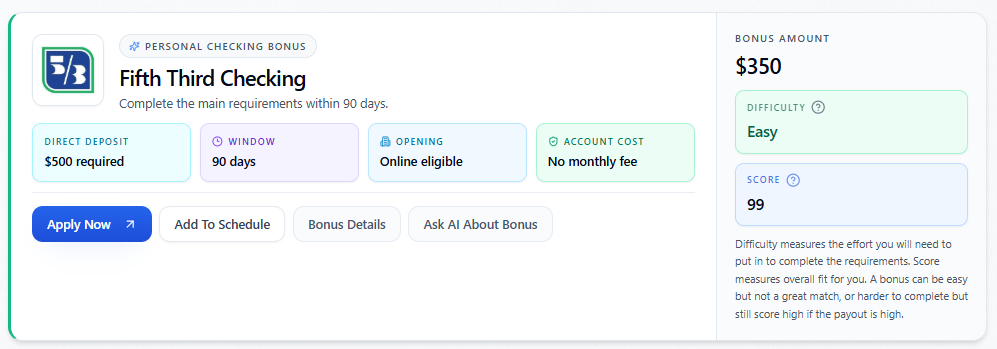Bonus card with New badge, Apply Now, Add to schedule, Bonus Details, Ask AI About Bonus, Difficulty, and Score