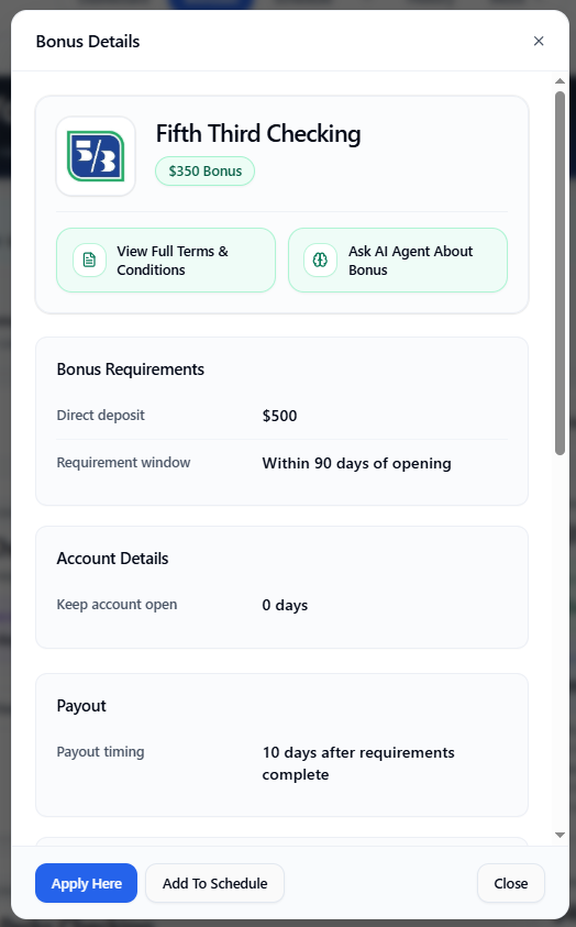 Catalog Bonus Details modal: Apply Here, Add To Schedule, View Full Terms & Conditions, Ask AI where available