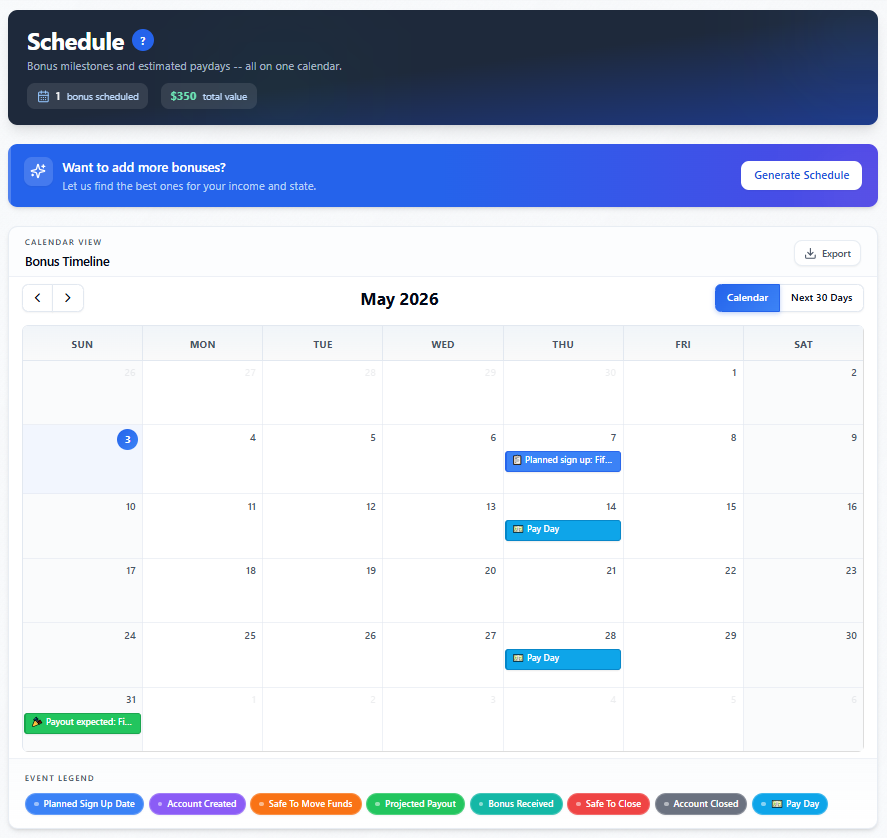 Schedule calendar and list with planned, active, awaiting payout, received, and abandoned bonus states