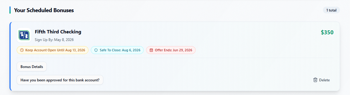 Schedule card with Bonus Details, lifecycle actions, Keep funds until, Safe to close, and Direct Deposit Completion dialog