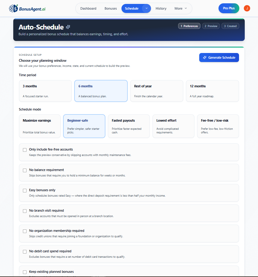 Auto-Schedule preferences with planning window, strategy, filters, and Generate Schedule